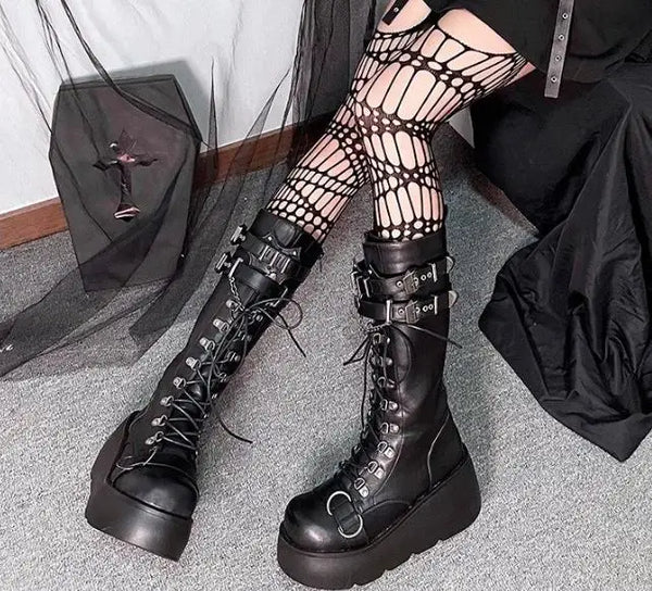 Black Lace Up Wedge Boots