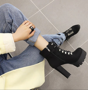 Black Lace Up Zip Boots