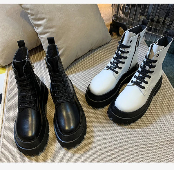 Black Leather Lace Up Platform Boots