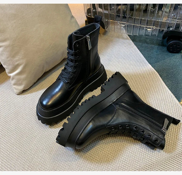 Black Leather Lace Up Platform Boots