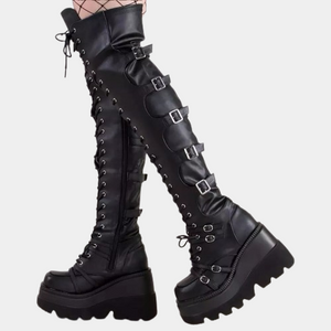 Black Leather Lace Up Thigh High Boots