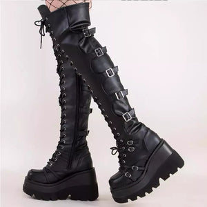 Black Leather Lace Up Thigh High Boots