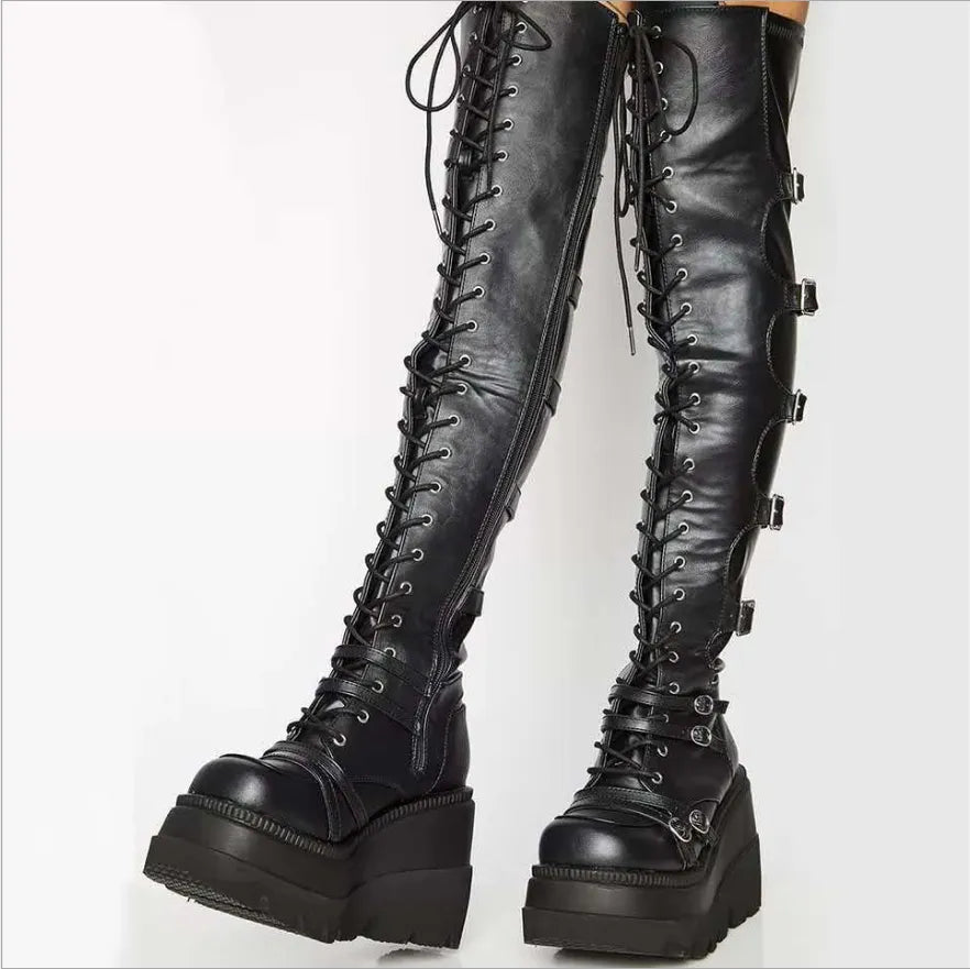 Black Leather Lace Up Thigh High Boots | CYBER TECHWEAR®