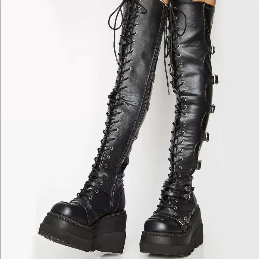 Thigh High Lace Up Leather Boots Women's Ribbon Lace-up Chunky