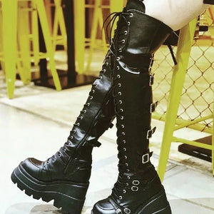 Black Leather Lace Up Thigh High Boots