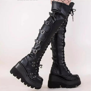 Black Leather Lace Up Thigh High Boots