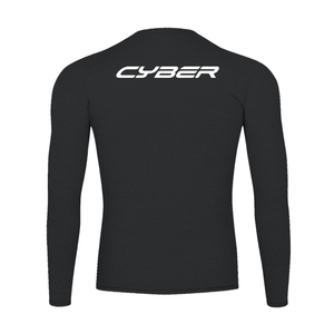 Back of the black compression shirt laid flat, white CYBER wordmark printed across the upper back