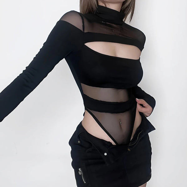 Black Long Sleeve Cut Out Bodysuit