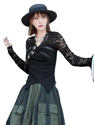 Black Long Sleeve V Neck T Shirt Women's