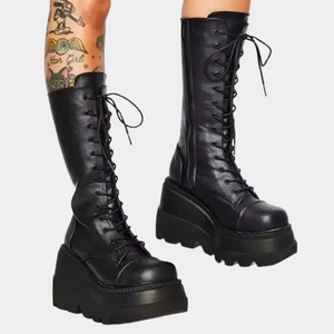 Black Mid Calf Lace Up Boots