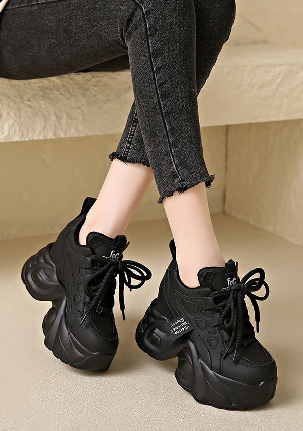 Black Platform Leather Chunky Sneakers