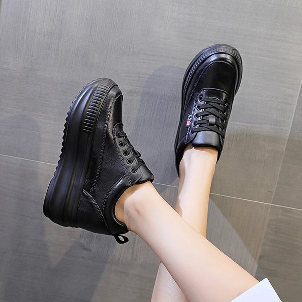 Black Platform Leather Women Sneakers