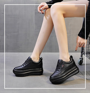 Black Platform Leather Women Sneakers