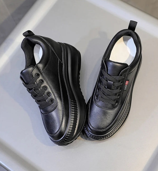 Black Platform Leather Women Sneakers