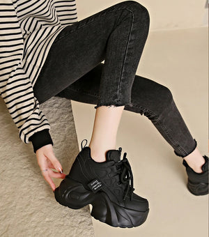 Black Platform PU Leather Chunky Sneakers