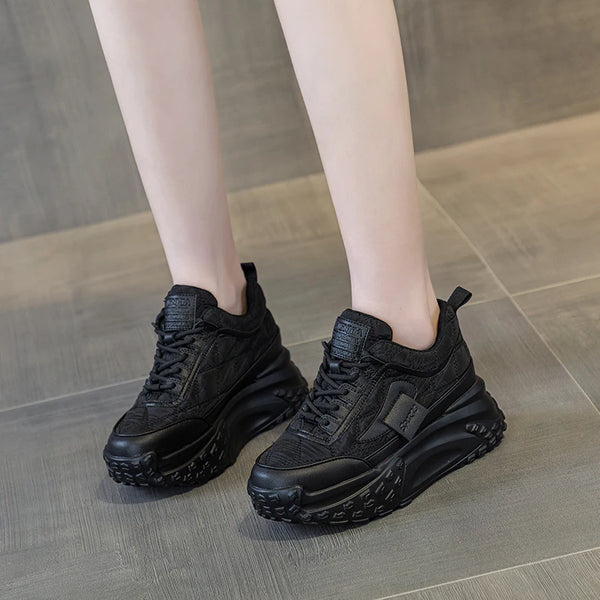 Black Platform Sneakers Genuine Leather