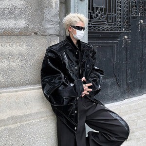 Black PU Leather Bomber Jacket