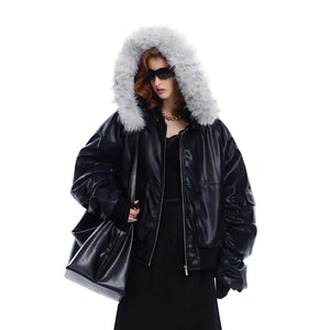 Black PU Leather Jacket With Fur Women