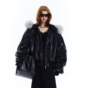 Black PU Leather Jacket With Fur Women
