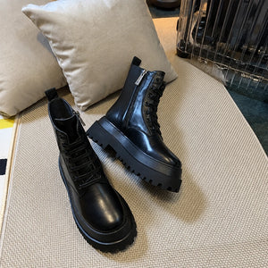 Black PU Leather Lace Up Platform Boots