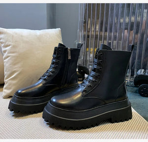 Black PU Leather Lace Up Platform Boots