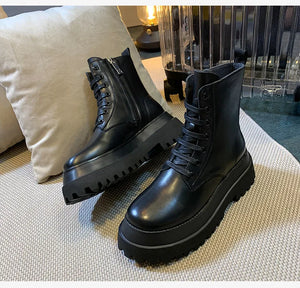 Black PU Leather Lace Up Platform Boots