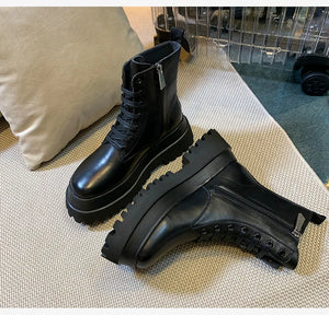 Black PU Leather Lace Up Platform Boots