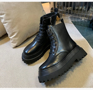 Black PU Leather Lace Up Platform Boots