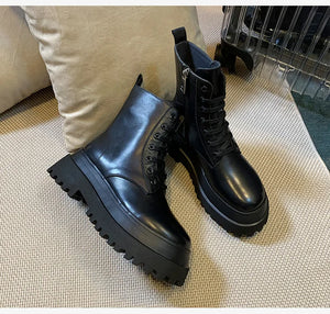 Black PU Leather Lace Up Platform Boots