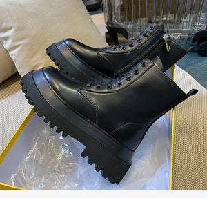 Black PU Leather Lace Up Platform Boots