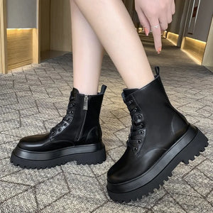 Black PU Leather Lace Up Platform Boots