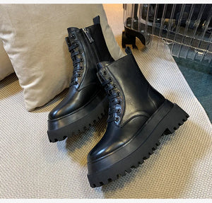 Black PU Leather Lace Up Platform Boots