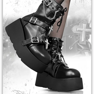 Black PU Leather Lace Up Womens Boots