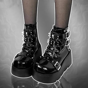 Black PU Leather Lace Up Womens Boots