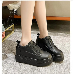Black PU Leather Platform Sneakers Techwear