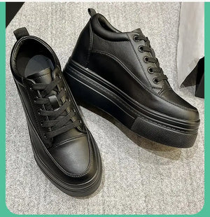 Black PU Leather Platform Sneakers Techwear