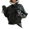 Black PU Leather Shearling Jacket Women