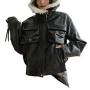 Black PU Leather Shearling Jacket Women