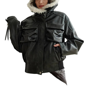 Black PU Leather Shearling Jacket Women