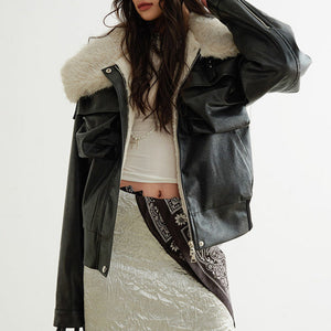 Black PU Leather Shearling Jacket Women