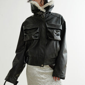 Black PU Leather Shearling Jacket Women