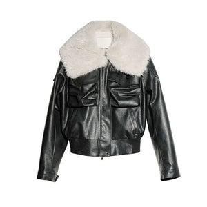 Black PU Leather Shearling Jacket Women