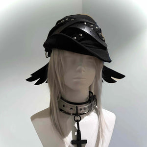 Techwear Style Pu Leather Wings Patchwork Rivet Punk Beret Man Woman Gothic Vintage Pleated Hat Boina Hombre