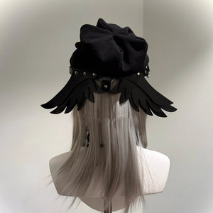 Techwear Style Pu Leather Wings Patchwork Rivet Punk Beret Man Woman Gothic Vintage Pleated Hat Boina Hombre