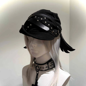 Techwear Style Pu Leather Wings Patchwork Rivet Punk Beret Man Woman Gothic Vintage Pleated Hat Boina Hombre