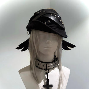 Techwear Style Pu Leather Wings Patchwork Rivet Punk Beret Man Woman Gothic Vintage Pleated Hat Boina Hombre