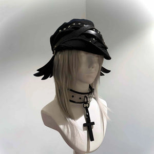 Techwear Style Pu Leather Wings Patchwork Rivet Punk Beret Man Woman Gothic Vintage Pleated Hat Boina Hombre