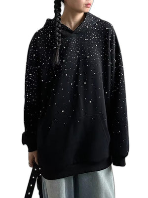 Black Rhinestones Shining Thick Hoodie - product view on white background
