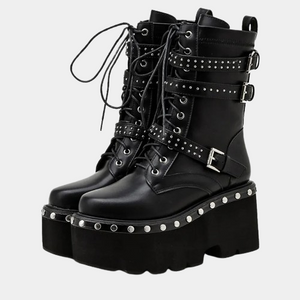 Black Round Toe Lace Up Boots