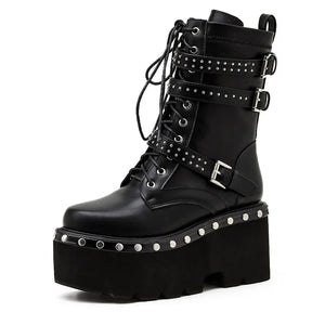 Black Round Toe Lace Up Boots